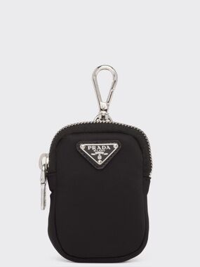 $695 Prada Black Nylon Triangle Logo Pouch with Silver Plaque clip on keychain